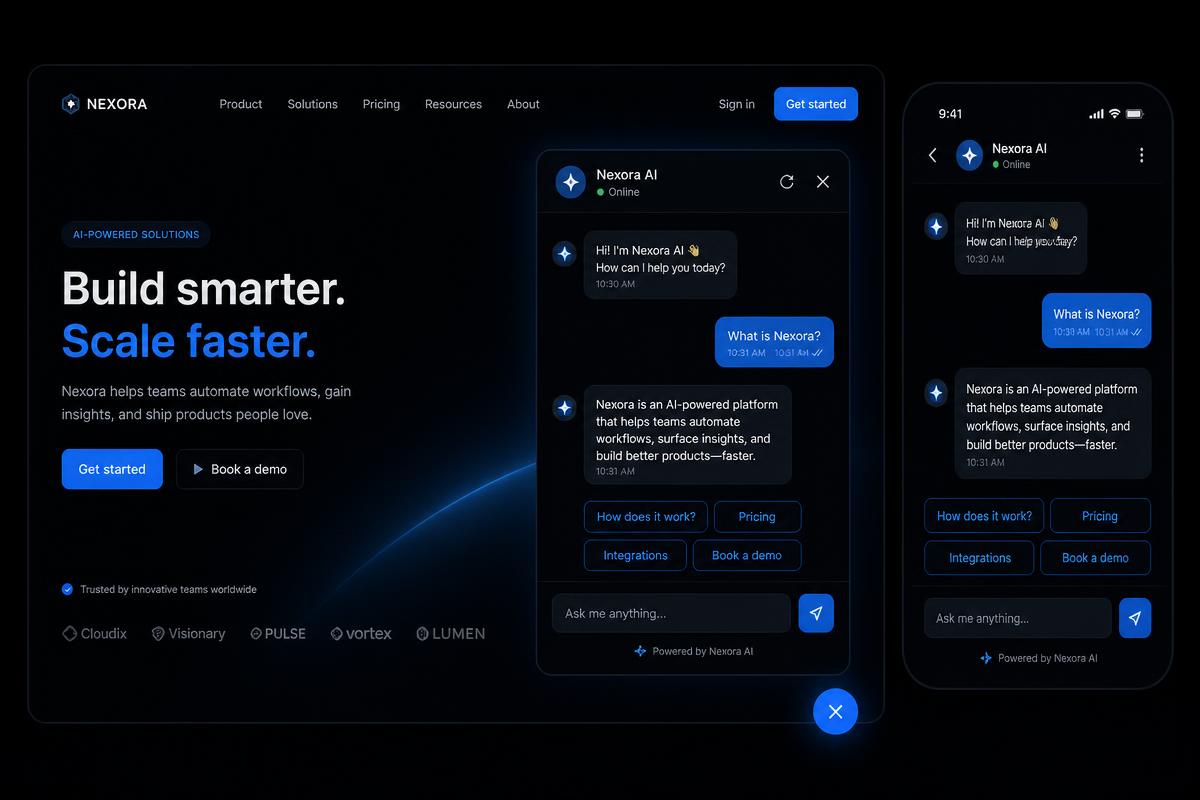 Mockup of an AI chatbot widget answering visitor questions on desktop and mobile