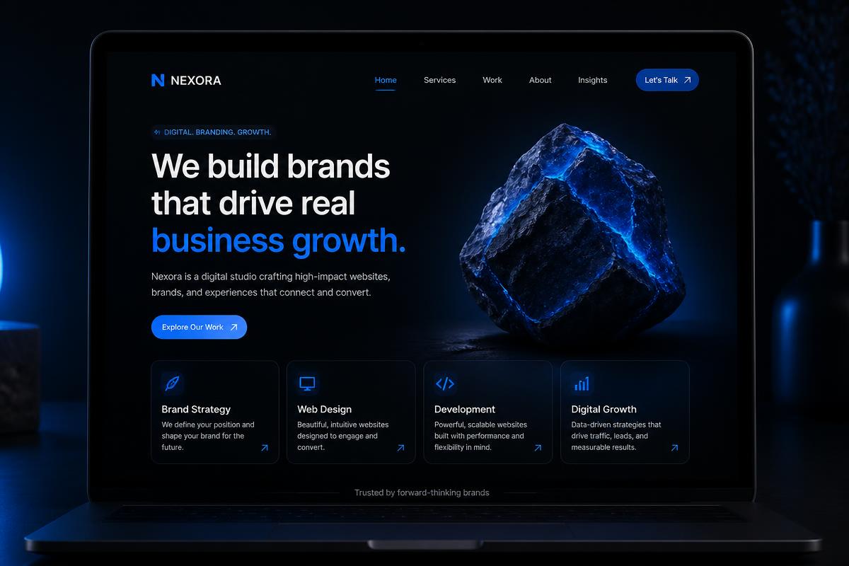 Mockup of a custom business website homepage with a bold hero section and service cards