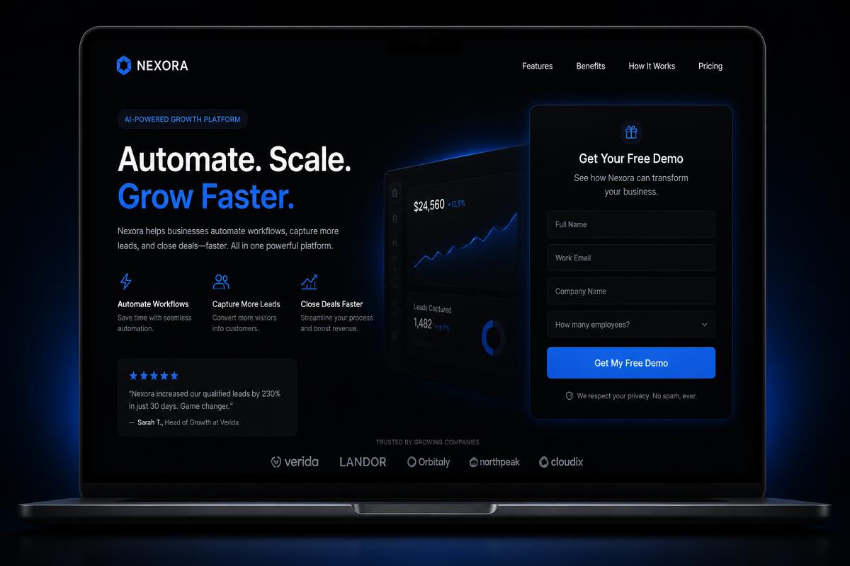 Mockup of a high-converting landing page with a lead capture form