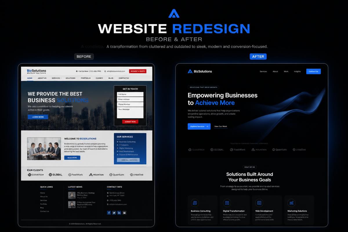 Before and after mockup comparing an outdated website with a modern redesign